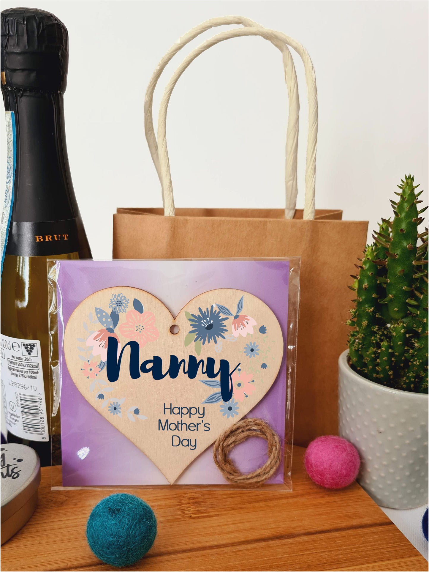 Handmade Wooden Hanging Heart Plaque Mother's Day Gift perfect for Nanny stylish floral celebration card