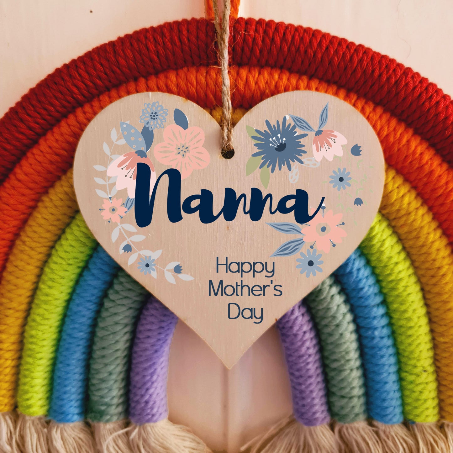 Handmade Wooden Hanging Heart Plaque Mother's Day Gift perfect for Nanna stylish floral celebration card alternative from grandchildren beautiful thoughtful keepsake