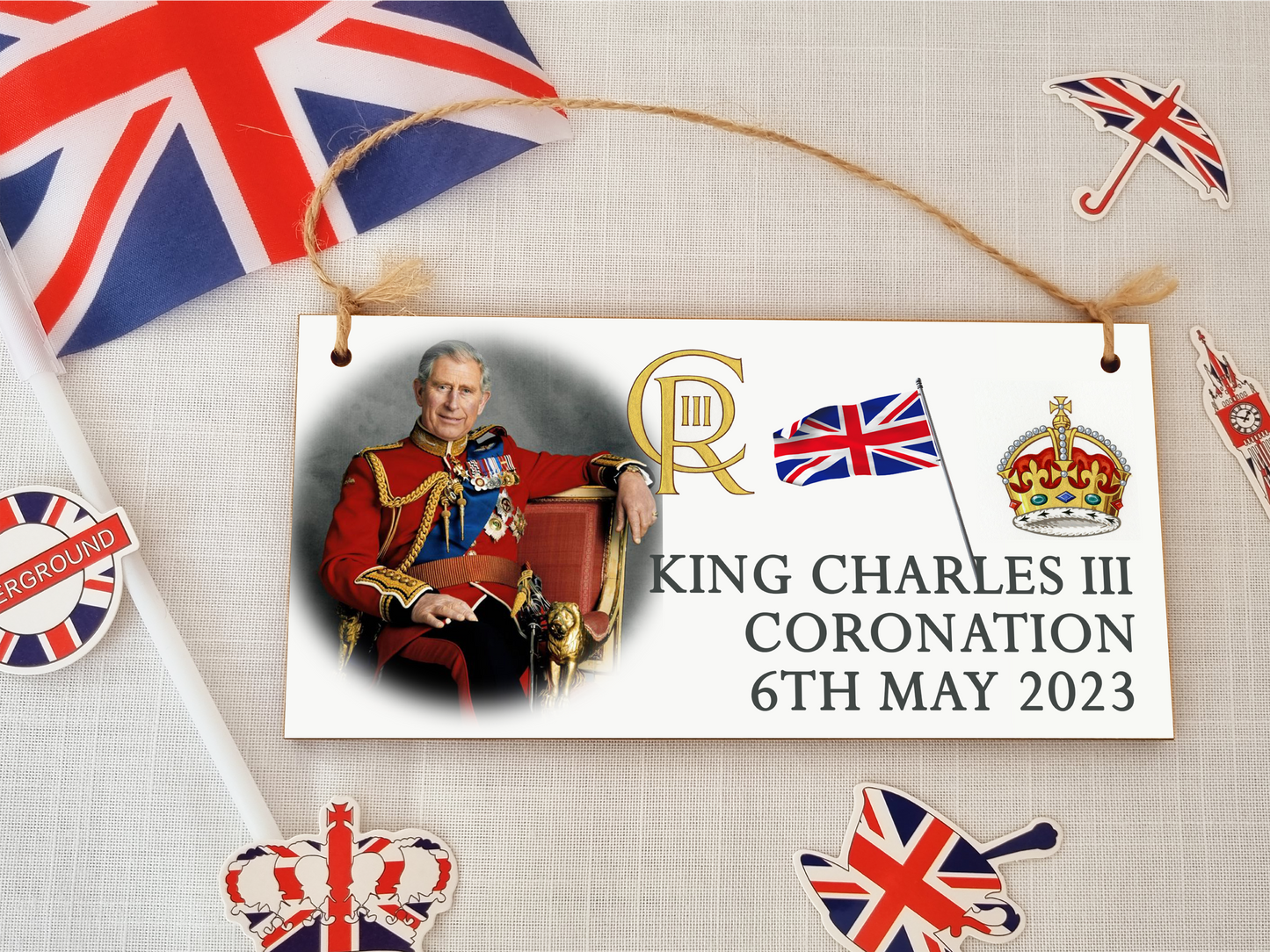 King Charles III Coronation Hanging Wooden Plaque 6th May 2023 Decorations Celebration Party Bunting Alternative Keepsake Royal Memorabilia