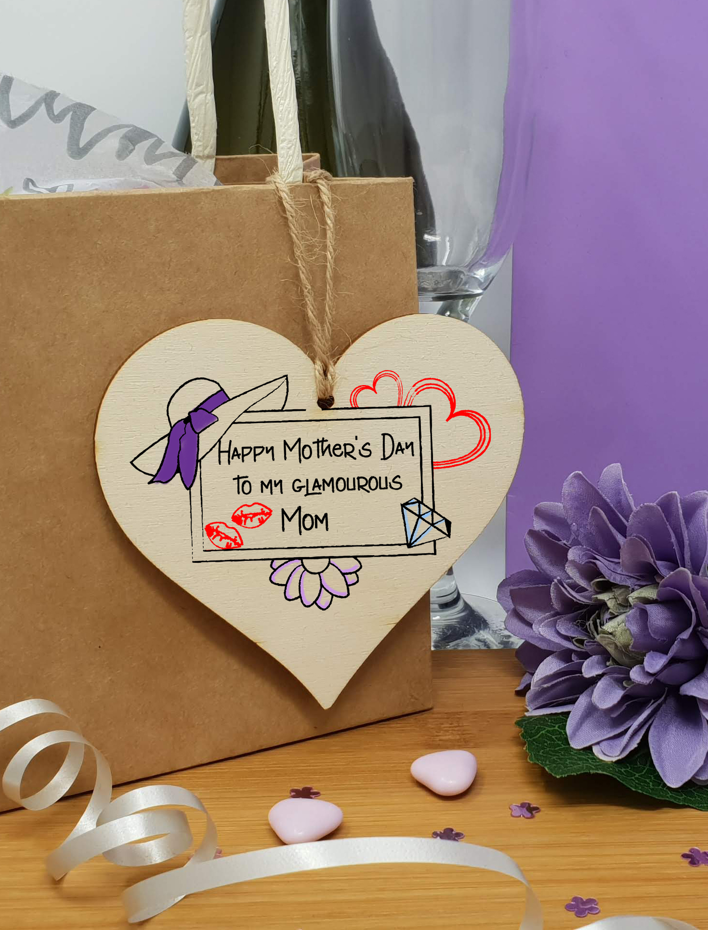 Handmade Wooden Hanging Heart Plaque Mother's Day Gift perfect for glamourous stylish Moms special keepsake card alternative from children wall hanger for special parent