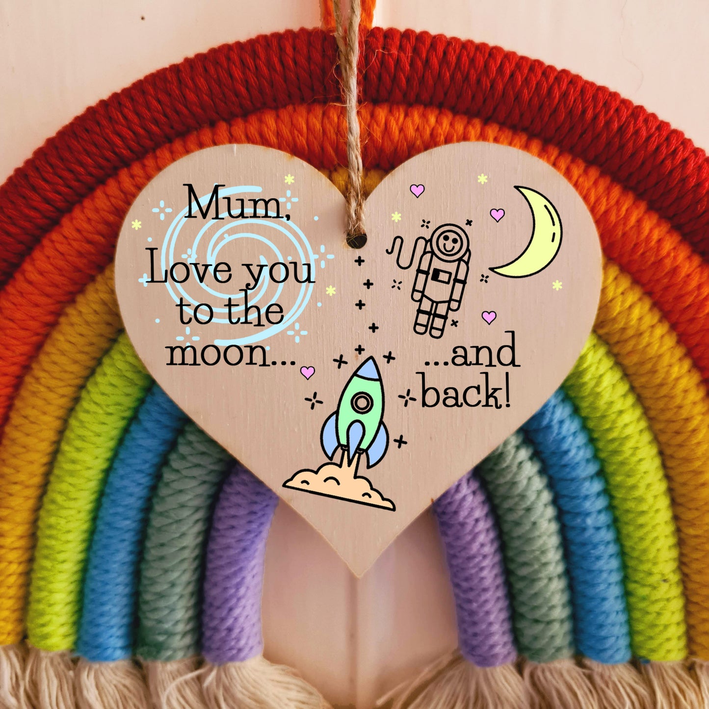 Handmade Wooden Hanging Heart Plaque Mother's Day Gift for Mum loving thoughtful special keepsake cute cartoon space card alternative from children
