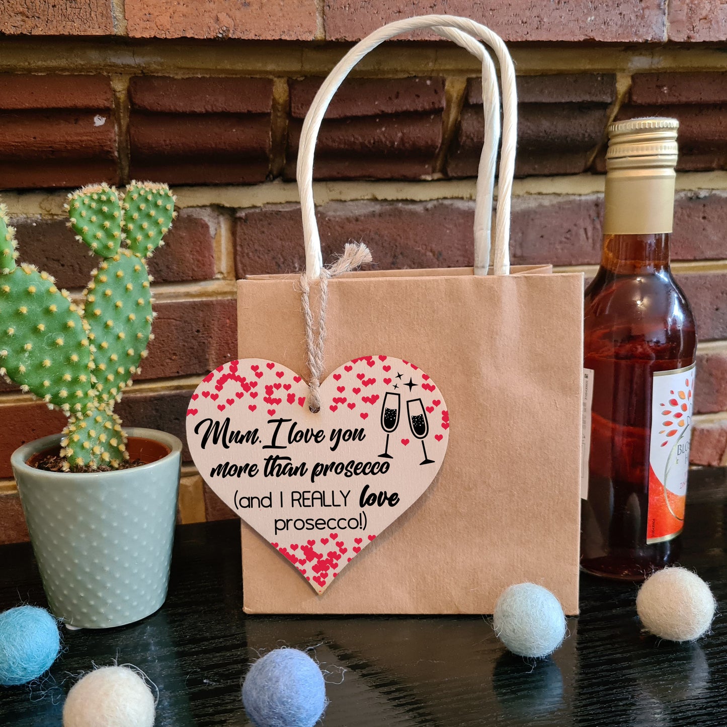 Handmade Wooden Hanging Heart Plaque Mother's Day Gift Mum I love you more than Prosecco Really love Prosecco novelty alcohol boozy funny keepsake wall hanger card alternative