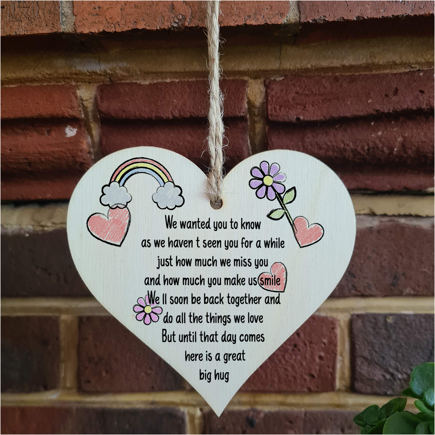 The Plum Penguin Handmade Wooden Hanging Heart Plaque Gift Haven't seen you for a while here is a hug miss you long distance wall hanger cute rainbow family friends grandparents