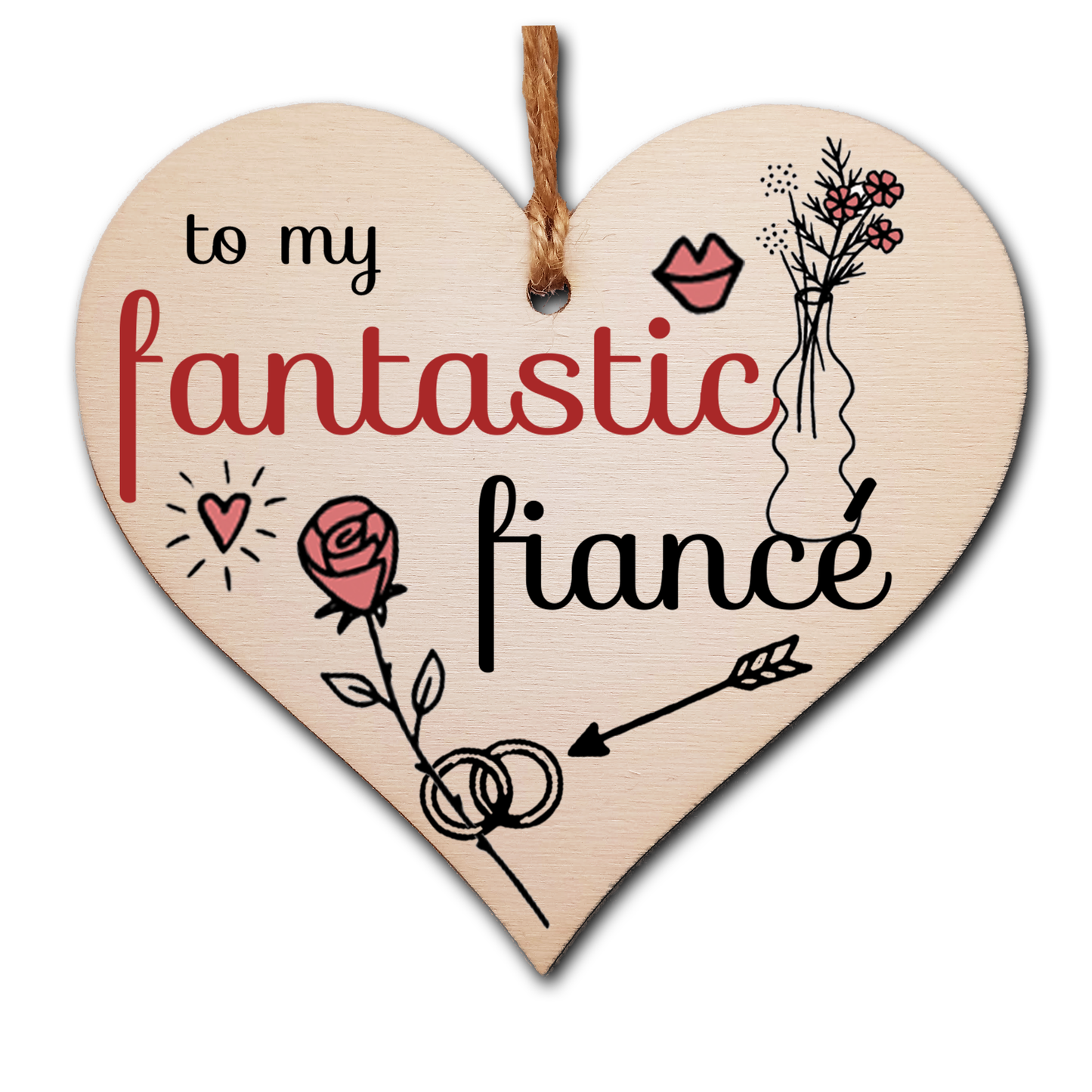 Handmade Wooden Hanging Heart Plaque Valentine's Gift to my Fantastic Fiance for someone special future husband and wife romantic keepsake pretty floral decoration
