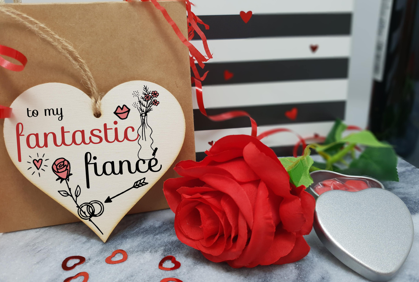 Handmade Wooden Hanging Heart Plaque Valentine's Gift to my Fantastic Fiance for someone special future husband and wife romantic keepsake pretty floral decoration