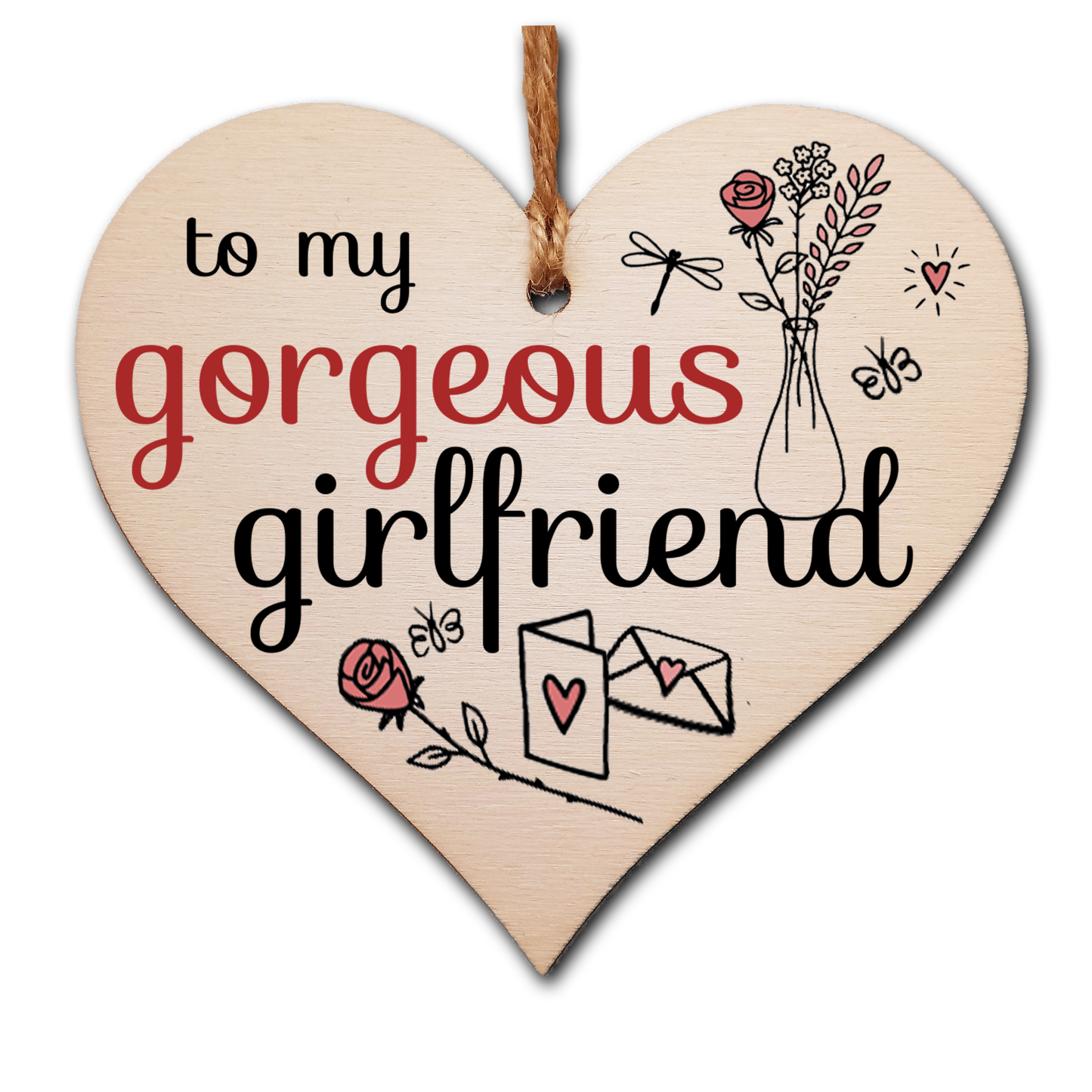 Handmade Wooden Hanging Heart Plaque Valentine's Gift to my Gorgeous Girlfriend for someone special boyfriend or partner romantic keepsake pretty floral decoration