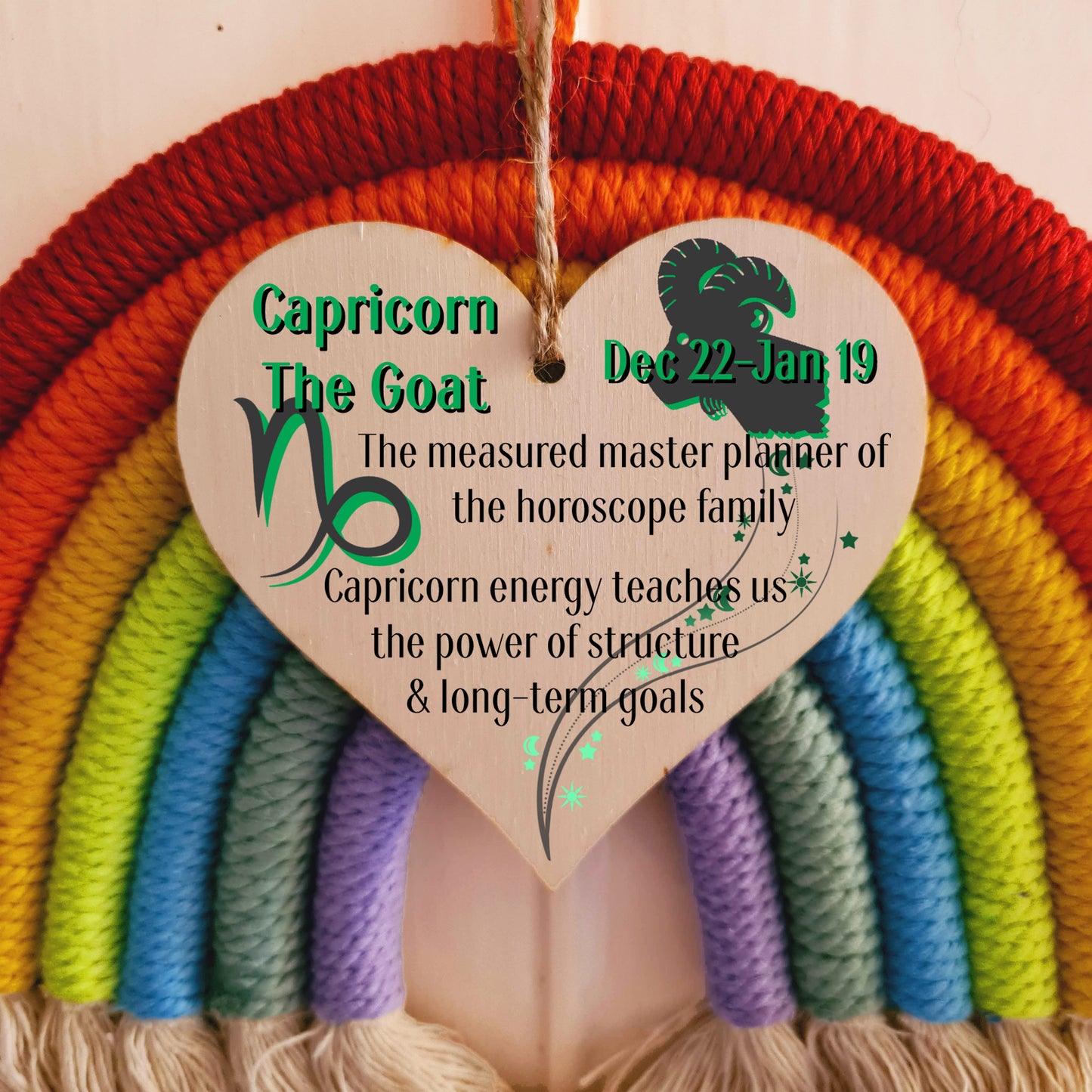 Handmade Wooden Hanging Heart Plaque Gift Signs of the Zodiac Capricorn Astrological Star Sign Keepsake Card Alternative