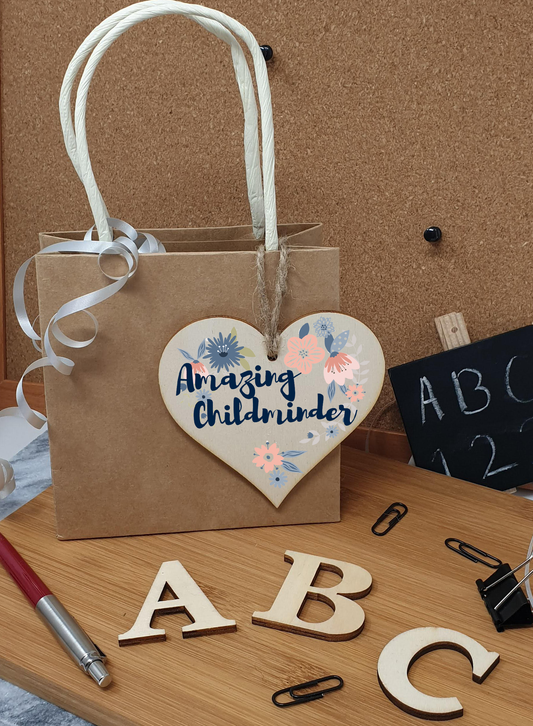 Handmade Wooden Hanging Heart Plaque Gift Amazing Childminder Thank You Special Someone Floral Style Present from child