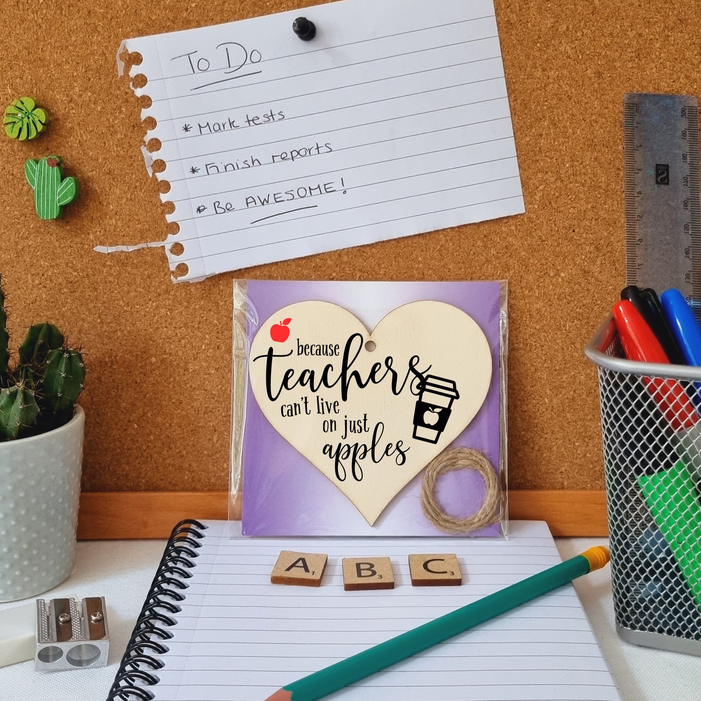Teachers Can't Live On Apples Coffee Funny Thank You Hanging Heart Wooden End of Term Gift Card Alternative Teacher