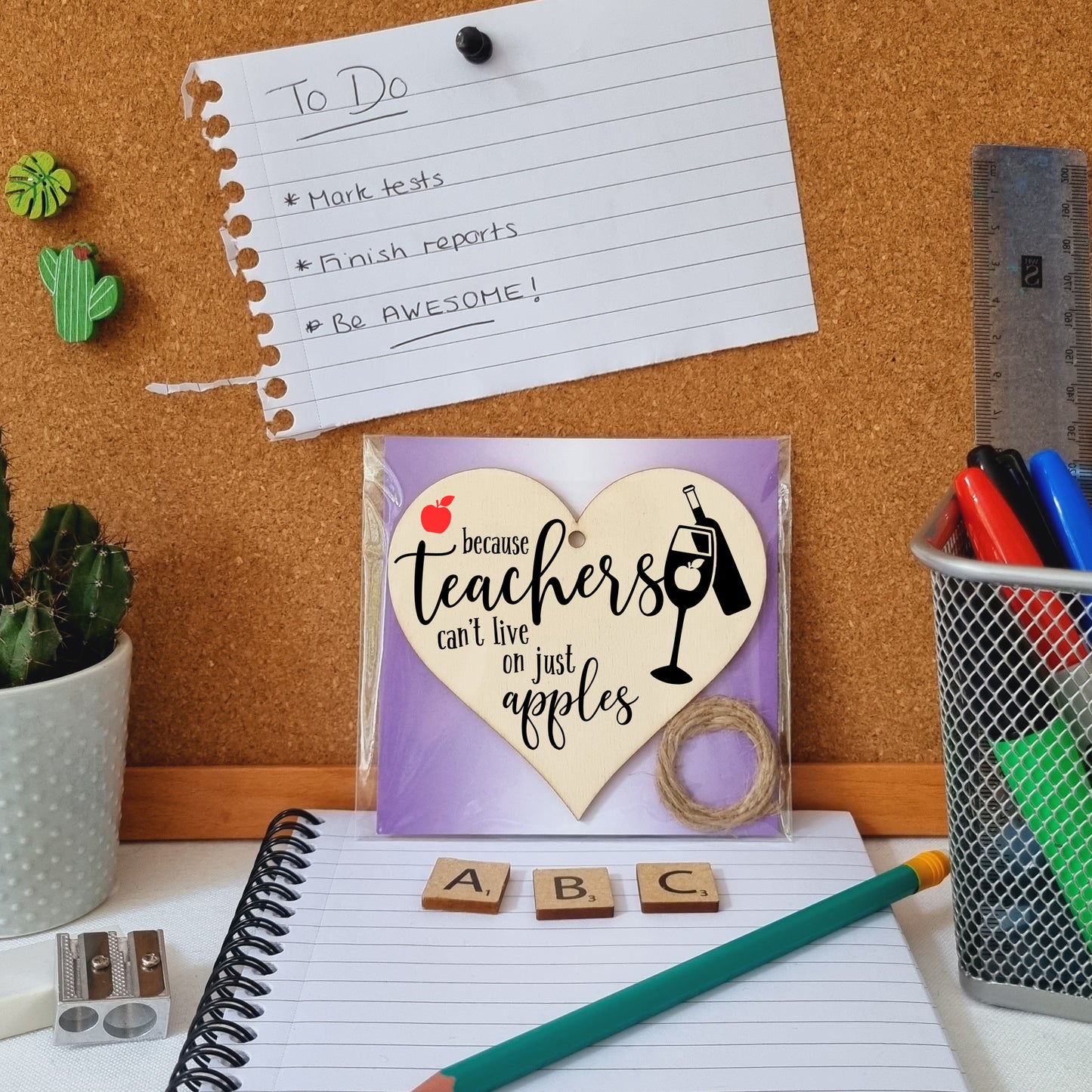Teachers Can't Live On Apples Wine Funny Thank You Hanging Heart Wooden End of Term Gift Card Alternative Teacher