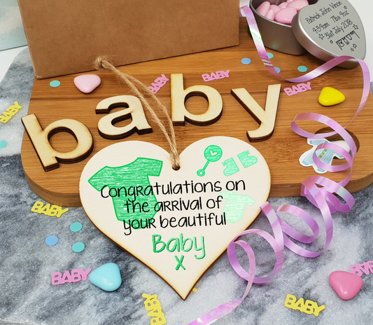 Handmade Wooden Hanging Heart Plaque Gift Congratulations on the arrival of your beautiful baby new baby present new parents green gender neutral nursery wall decoration crayon style