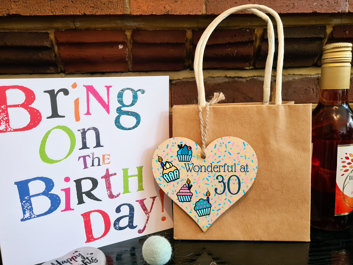 Handmade Wooden Hanging Heart Plaque Gift Wonderful at Thirty Birthday Card Alternative Wall Hanger Bottle Decoration