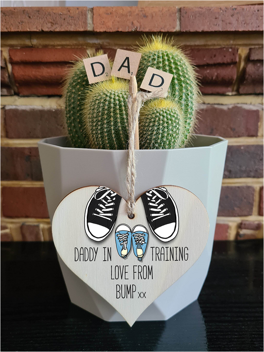 Handmade Wooden Hanging Heart Plaque Gift Daddy in training, love from bump cute little blue shoes dad to be gift tag for from baby girl boy neutral expectant parent card alternative father's day