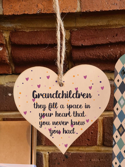 The Plum Penguin Handmade Wooden Hanging Heart Plaque Gift Grandchildren Fill Heart Wall Hanger Grandparents Family Thoughtful Wall Hanger
