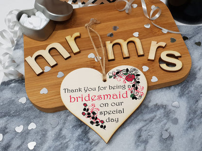 Handmade Wooden Hanging Heart Plaque Gift Thank You for Being My Bridesmaid Wedding Novelty Keepsake