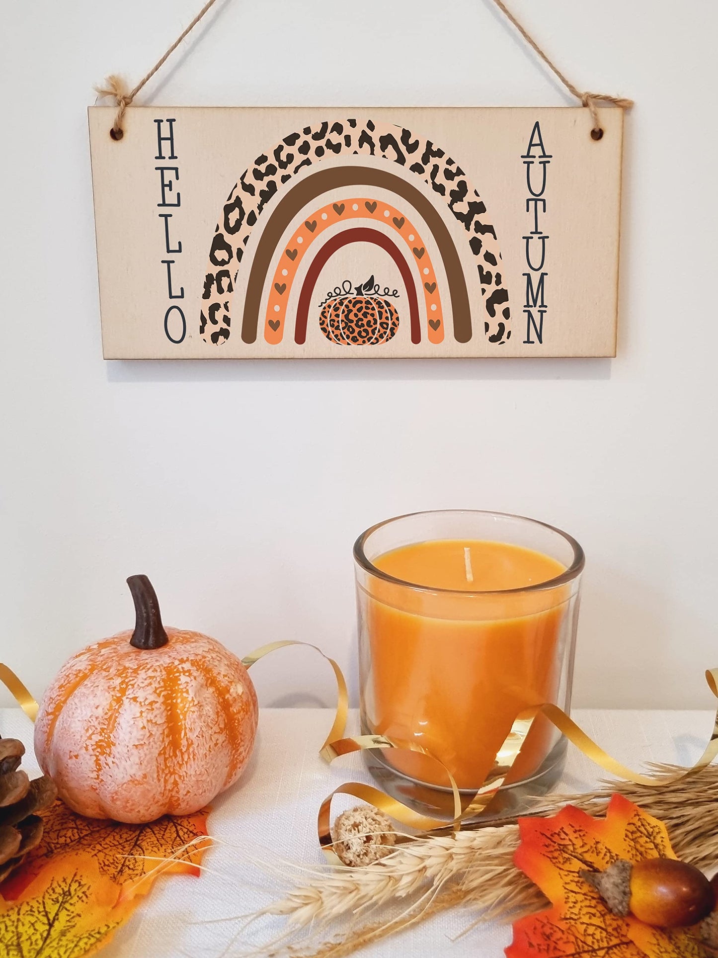 hello Autumn Seasonal Boho Rainbow Decorative Pumpkin Sign Handmade Wooden Hanging Wall Plaque Gift Hallway Home Décor