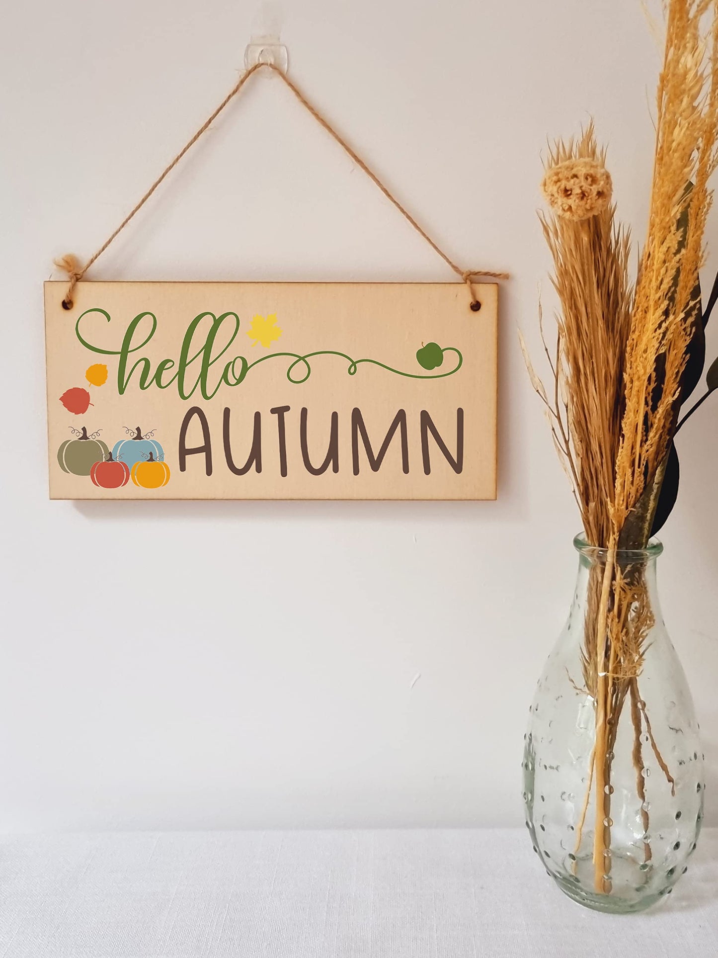 hello Autumn Seasonal Falling Leaves Decorative Pumpkin Sign Handmade Wooden Hanging Wall Plaque Gift Hallway Home Décor