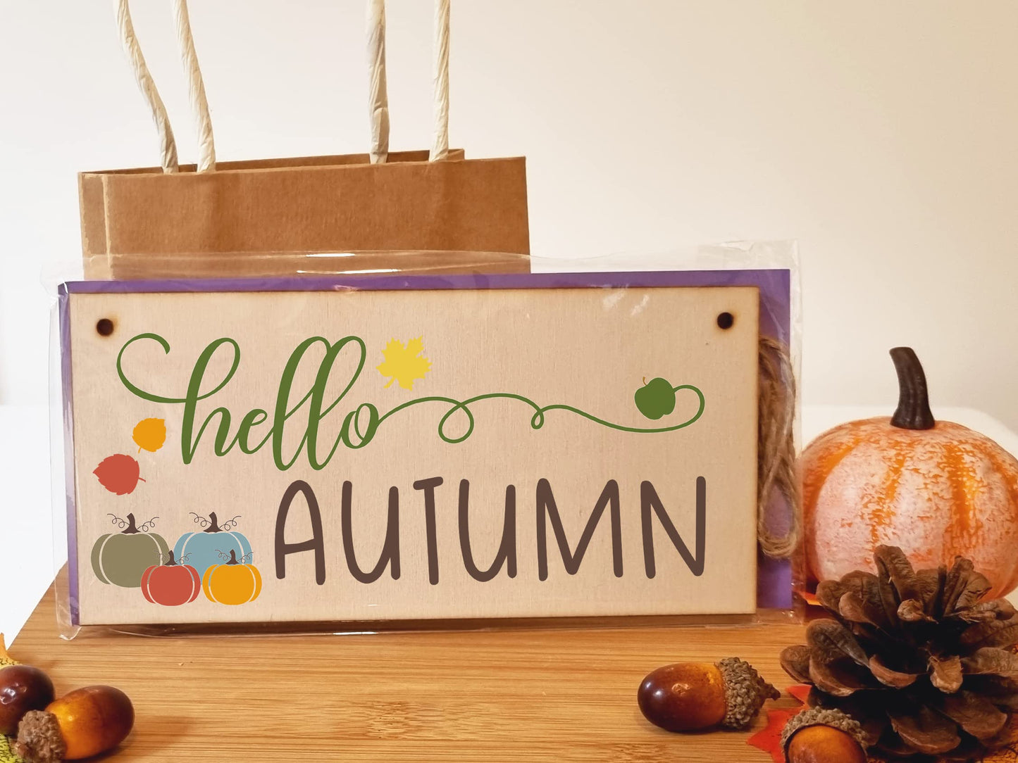 hello Autumn Seasonal Falling Leaves Decorative Pumpkin Sign Handmade Wooden Hanging Wall Plaque Gift Hallway Home Décor