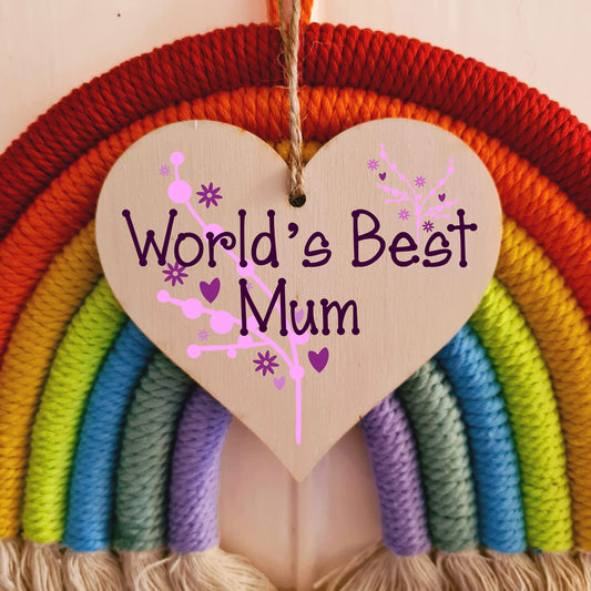 The Plum Penguin Handmade Wooden Hanging Heart Plaque for Mum loving thoughtful special keepsake World's Best Mum stylish classy artistic wall hanger card alternative from daughter son kids