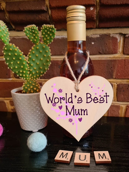 The Plum Penguin Handmade Wooden Hanging Heart Plaque for Mum loving thoughtful special keepsake World's Best Mum stylish classy artistic wall hanger card alternative from daughter son kids