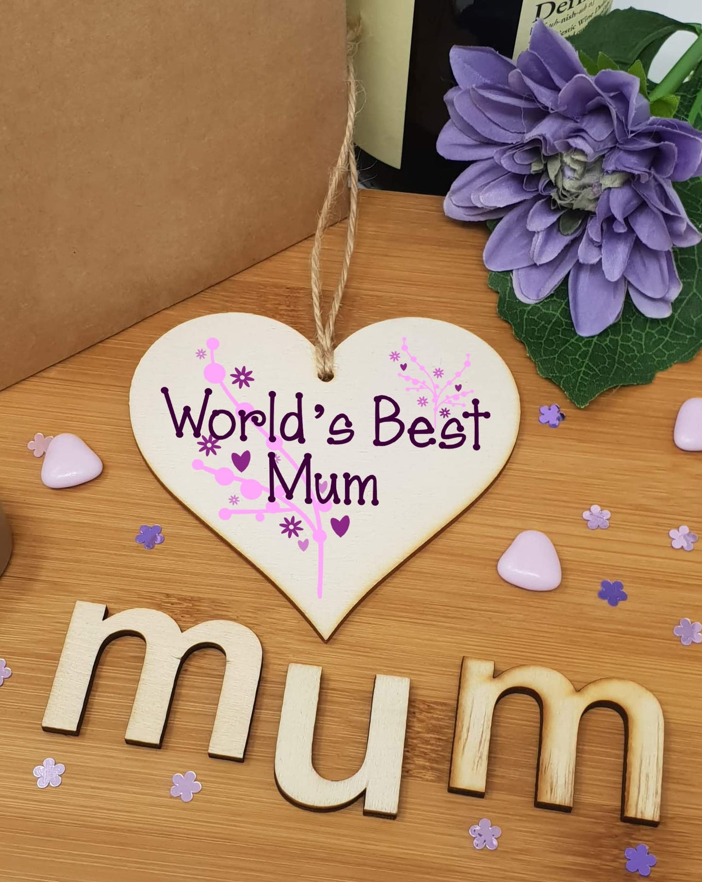 The Plum Penguin Handmade Wooden Hanging Heart Plaque for Mum loving thoughtful special keepsake World's Best Mum stylish classy artistic wall hanger card alternative from daughter son kids