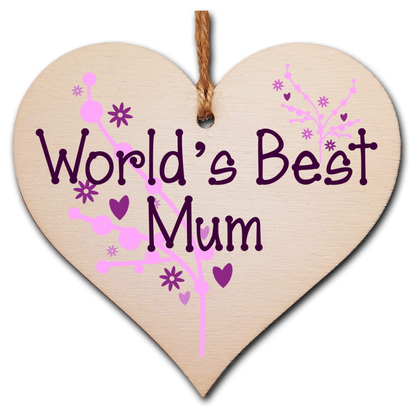 The Plum Penguin Handmade Wooden Hanging Heart Plaque for Mum loving thoughtful special keepsake World's Best Mum stylish classy artistic wall hanger card alternative from daughter son kids