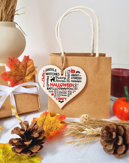 Scary Halloween Ghosts Monsters Spooky Fun Word Art Hanging Heart Wooden Decoration Gift Card Alternative