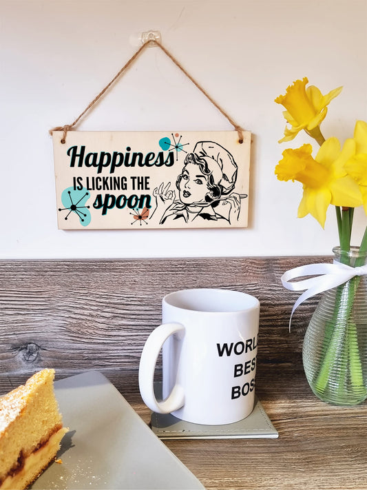 Happiness is licking the spoon Funny Novelty Handmade Wooden Plaque Kitchen Baking Hanging Sign Retro Style Home Décor