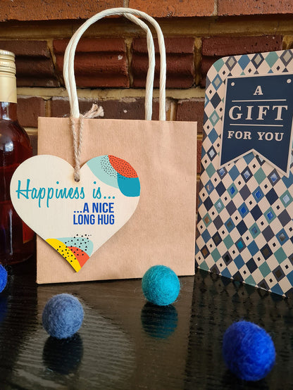 The Plum Penguin Handmade Wooden Hanging Heart Plaque Gift Happiness is HugInspirational Wall Hanger Card Alternative Friendship Family