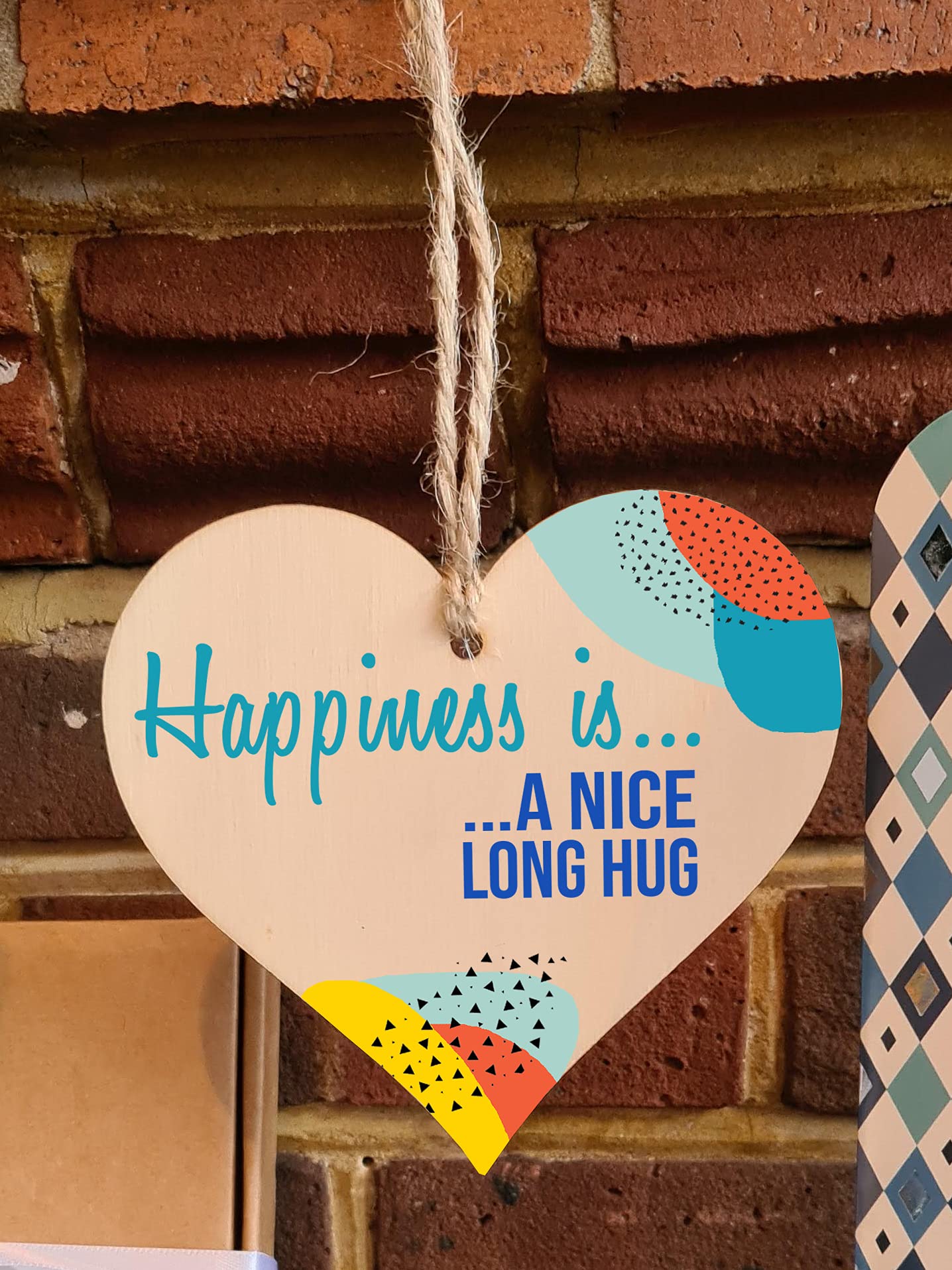 The Plum Penguin Handmade Wooden Hanging Heart Plaque Gift Happiness is HugInspirational Wall Hanger Card Alternative Friendship Family