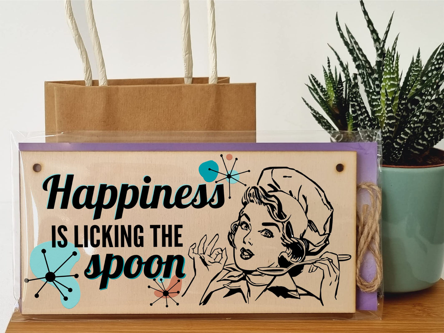 Happiness is licking the spoon Funny Novelty Handmade Wooden Plaque Kitchen Baking Hanging Sign Retro Style Home Décor
