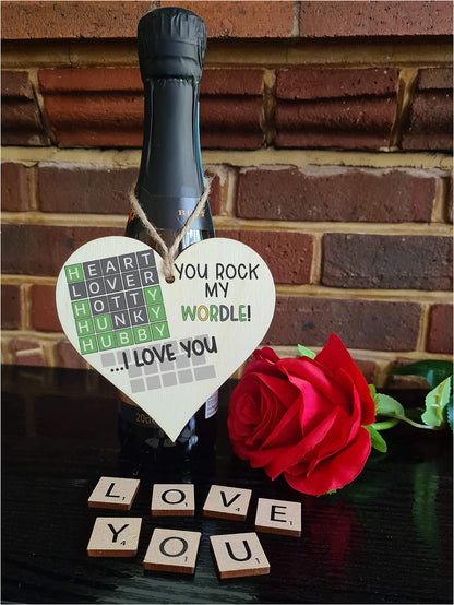 The Plum Penguin Handmade Wooden Hanging Heart Plaque Gift You Rock My World Wordle Love You Funny Hubby Husband Words