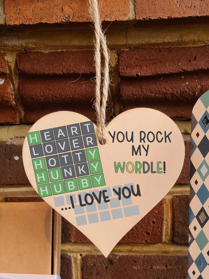 The Plum Penguin Handmade Wooden Hanging Heart Plaque Gift You Rock My World Wordle Love You Funny Hubby Husband Words