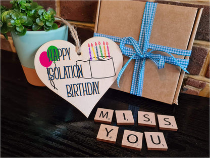 The Plum Penguin Handmade Wooden Hanging Heart Plaque Gift Happy Isolation Birthday novelty window wall hanger gift for absent friends and family funny keepsake sending birthday wishes and cheers