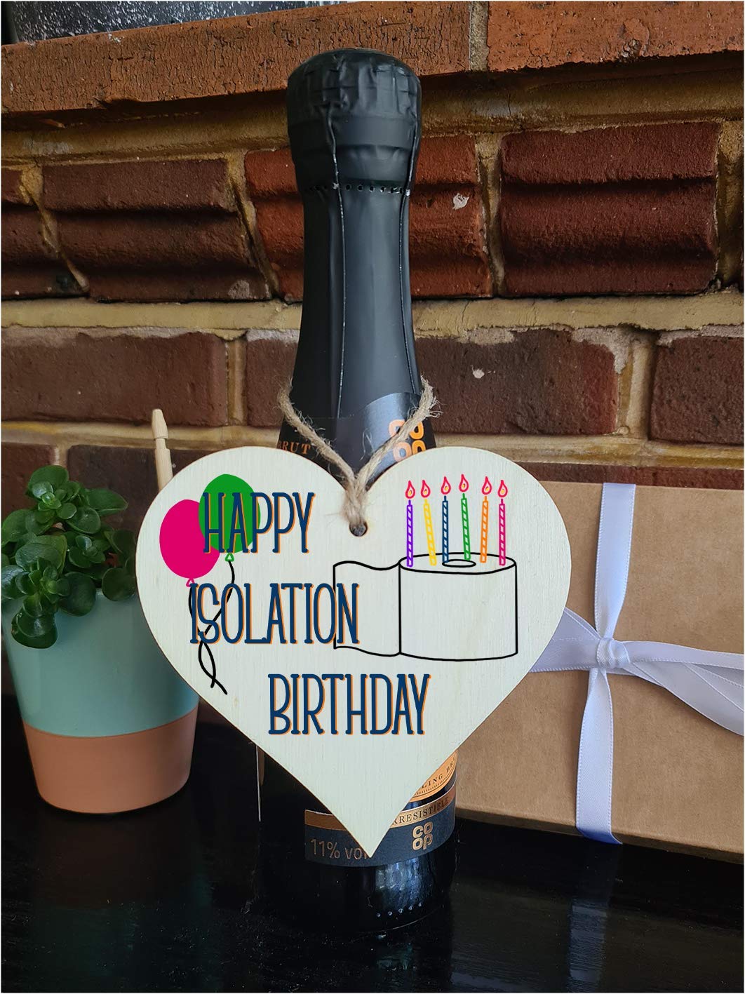 The Plum Penguin Handmade Wooden Hanging Heart Plaque Gift Happy Isolation Birthday novelty window wall hanger gift for absent friends and family funny keepsake sending birthday wishes and cheers