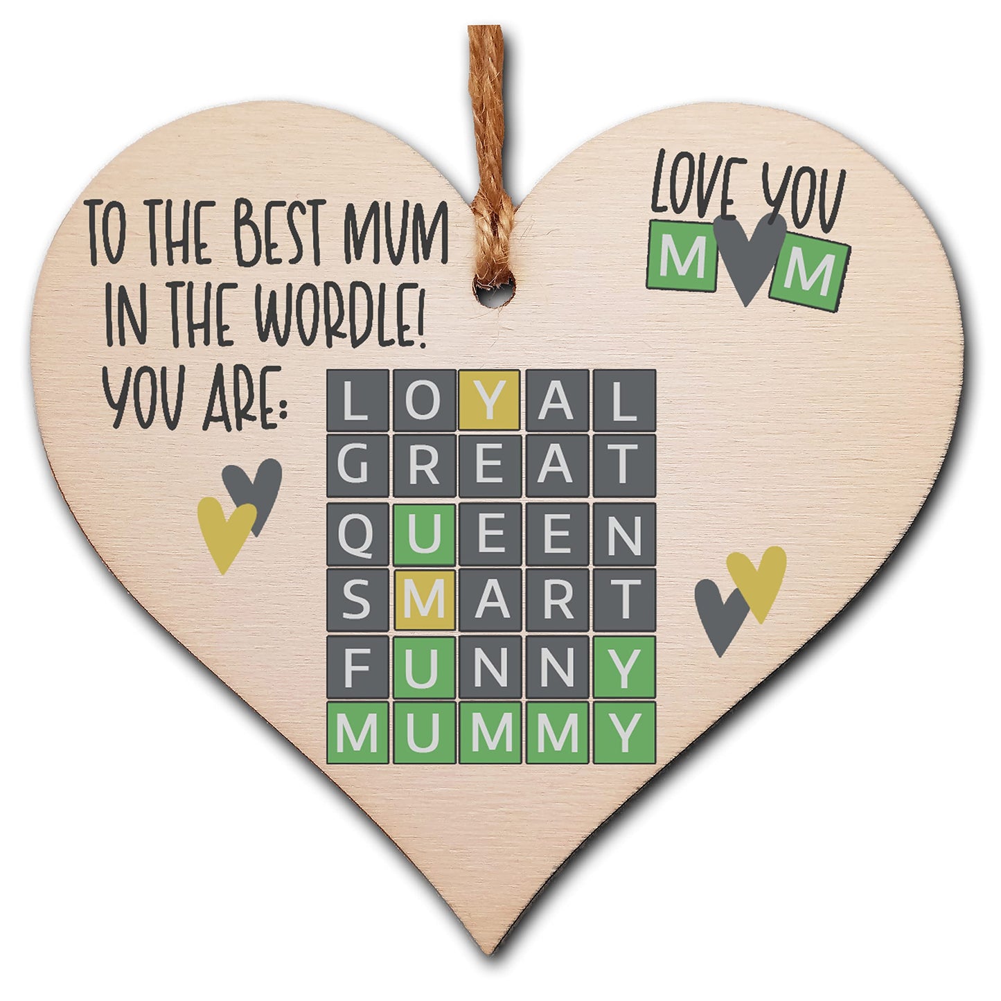 Handmade Wooden Hanging Heart Plaque Gift The Best Mum in the World Wordle Funny Mummy Play on Words
