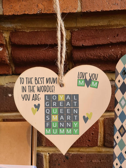 Handmade Wooden Hanging Heart Plaque Gift The Best Mum in the World Wordle Funny Mummy Play on Words