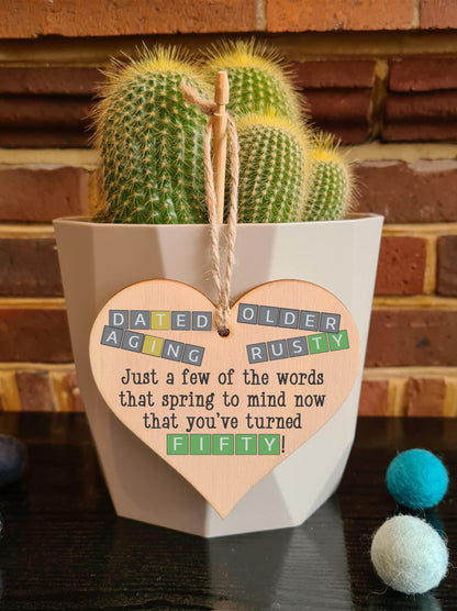 The Plum Penguin Handmade Wooden Hanging Heart Plaque Gift Happy Birthday Fifty Funny Wordle Just a few words that spring to mind