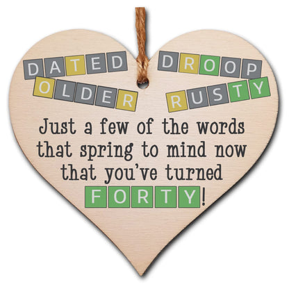 The Plum Penguin Handmade Wooden Hanging Heart Plaque Gift Happy Birthday Forty Funny Wordle Just a few words that spring to mind