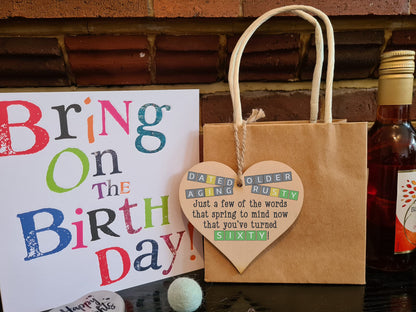 The Plum Penguin Handmade Wooden Hanging Heart Plaque Gift Happy Birthday Sixty Funny Wordle Just a few words that spring to mind