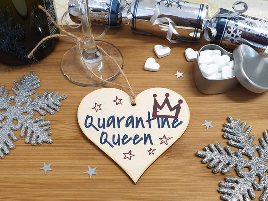 The Plum Penguin Handmade Wooden Hanging Heart Plaque Christmas Tree Bauble Quarantine Queen Novelty Celebration Year of Lockdown Wall Hanger