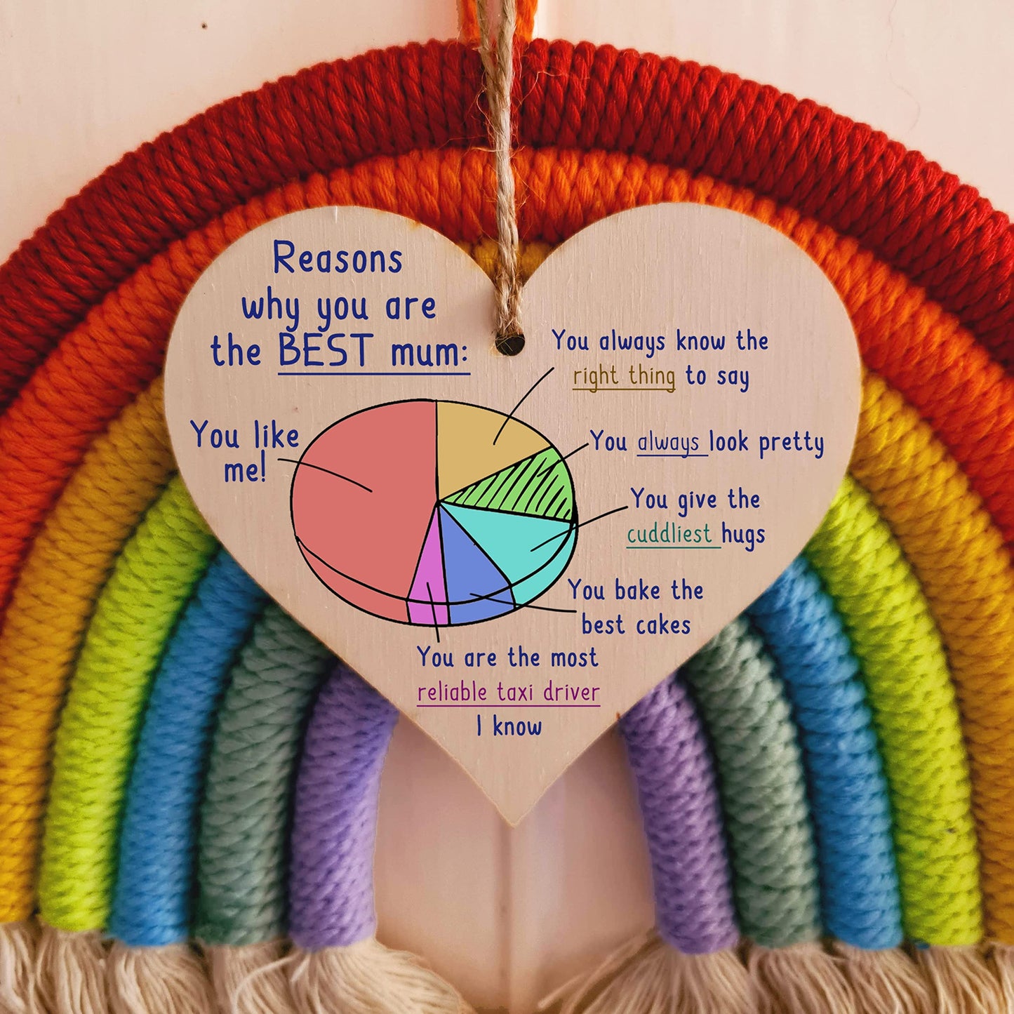 Handmade Wooden Hanging Heart Plaque perfect for Mum fun inspirational keepsake Reason why you are the best mum look pretty best hugs card alternative from kids wall hanger