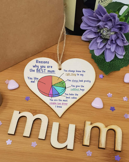 Handmade Wooden Hanging Heart Plaque perfect for Mum fun inspirational keepsake Reason why you are the best mum look pretty best hugs card alternative from kids wall hanger