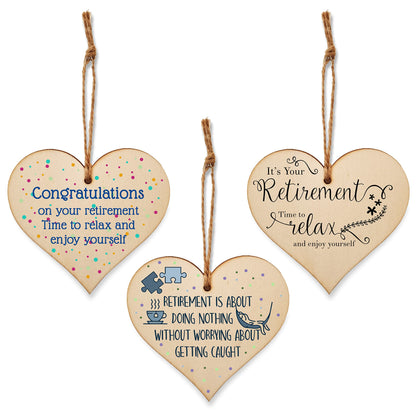Set of 3 Hanging Decorations Wooden Hearts Retirement Colleague Gift | Doing Nothing Not Getting Caught | Time to Relax Enjoy