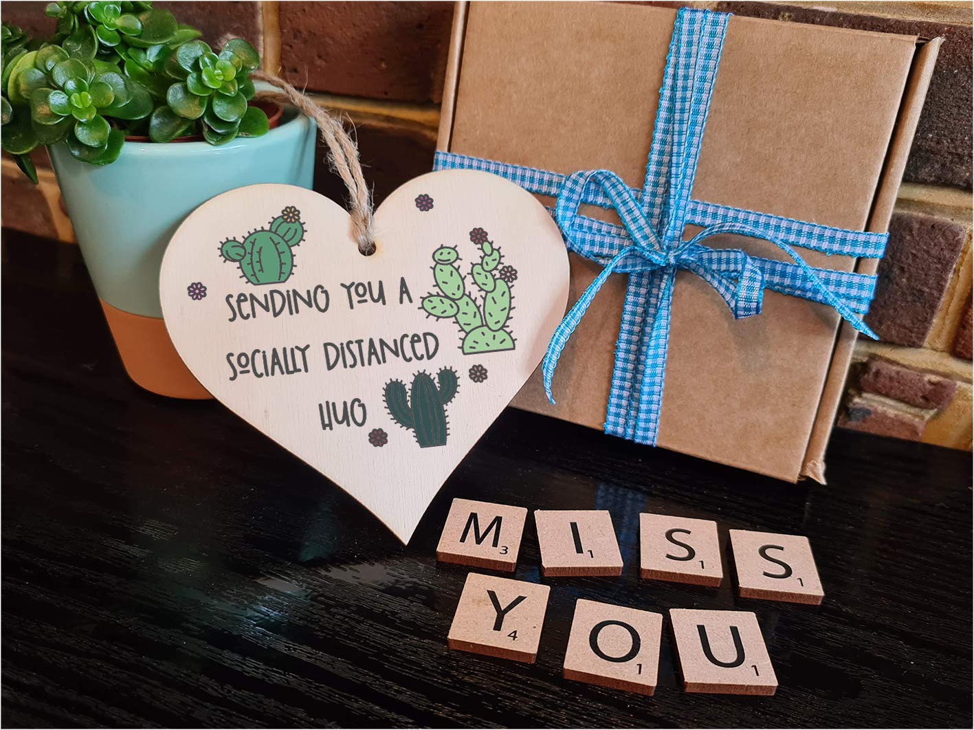 The Plum Penguin Handmade Wooden Hanging Heart Plaque Gift sending you a socially distanced hug miss you long distance novelty wall hanger cute fun cactus design for family friends grandparents