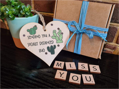 The Plum Penguin Handmade Wooden Hanging Heart Plaque Gift sending you a socially distanced hug miss you long distance novelty wall hanger cute fun cactus design for family friends grandparents