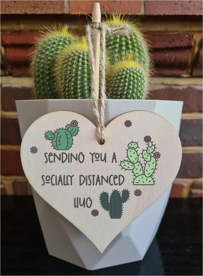 The Plum Penguin Handmade Wooden Hanging Heart Plaque Gift sending you a socially distanced hug miss you long distance novelty wall hanger cute fun cactus design for family friends grandparents