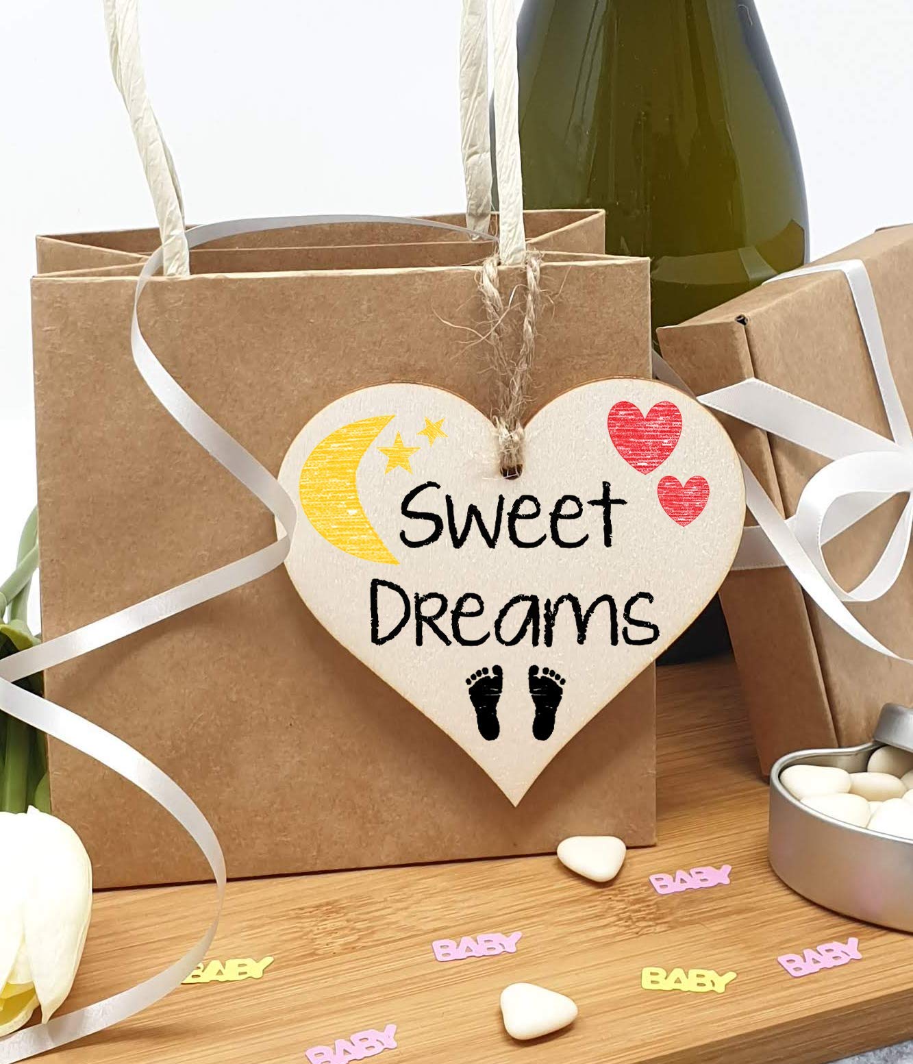 The Plum Penguin Handmade Wooden Hanging Heart Plaque Gift Sweet Dreams new baby present nursery wall decoration for new parents
