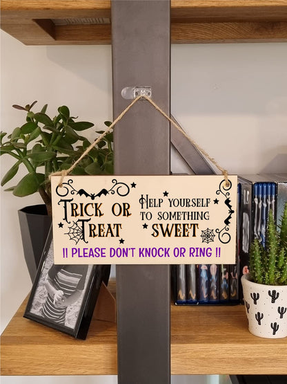 No Trick or Treaters But Don't Knock or Ring Halloween Do Not Disturb Sign Handmade Wooden Hanging Wall Plaque Gift Hallway Home Décor