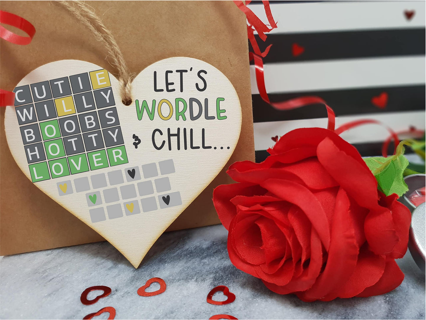 The Plum Penguin Handmade Wooden Hanging Heart Plaque Gift Lets Wordle and Chill Funny Rude Play on Words Boyfriend Girlfriend